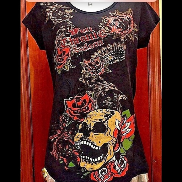 liberty wear Tops - Full throttle saloon double sided Bling black T L